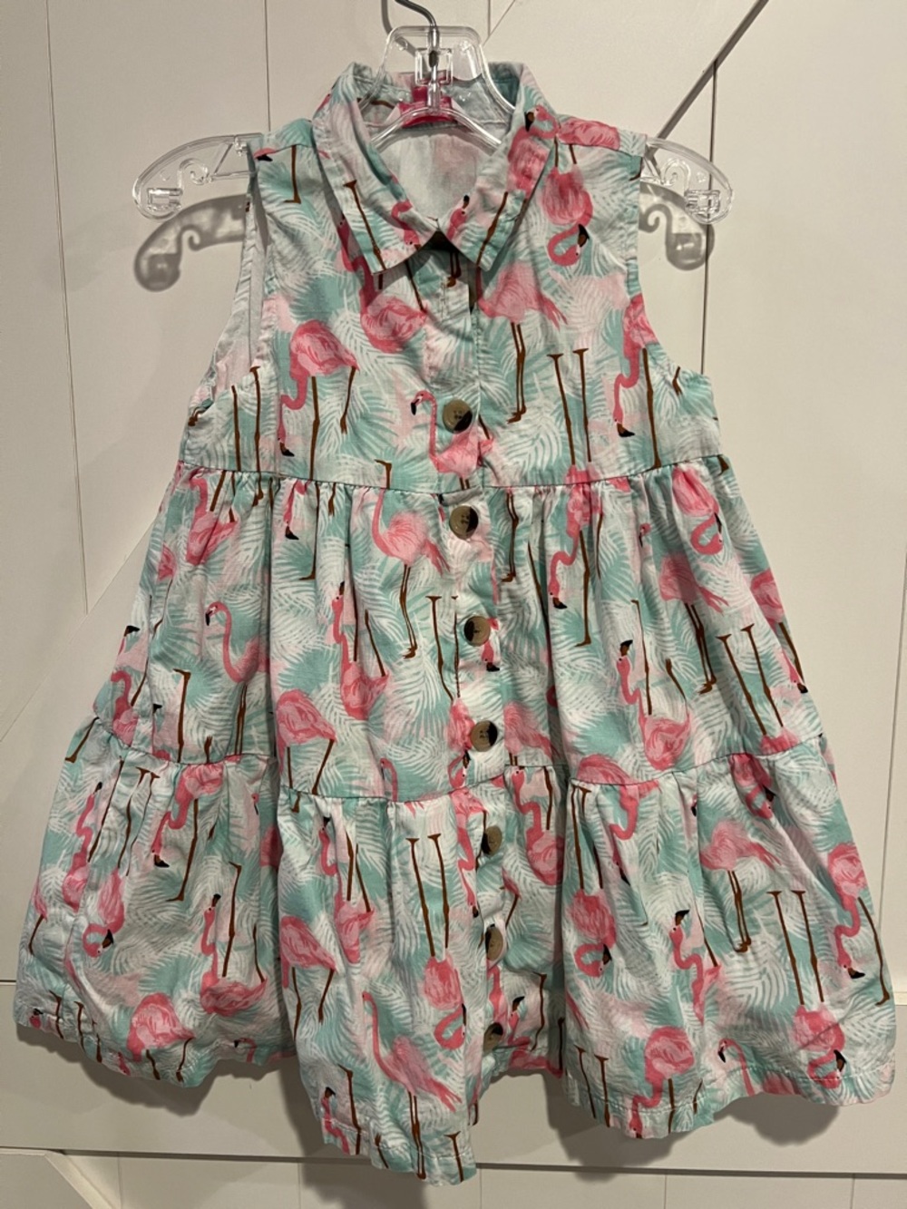 Ruffle Butts Pink Flamingo Print Dress with Mint Background